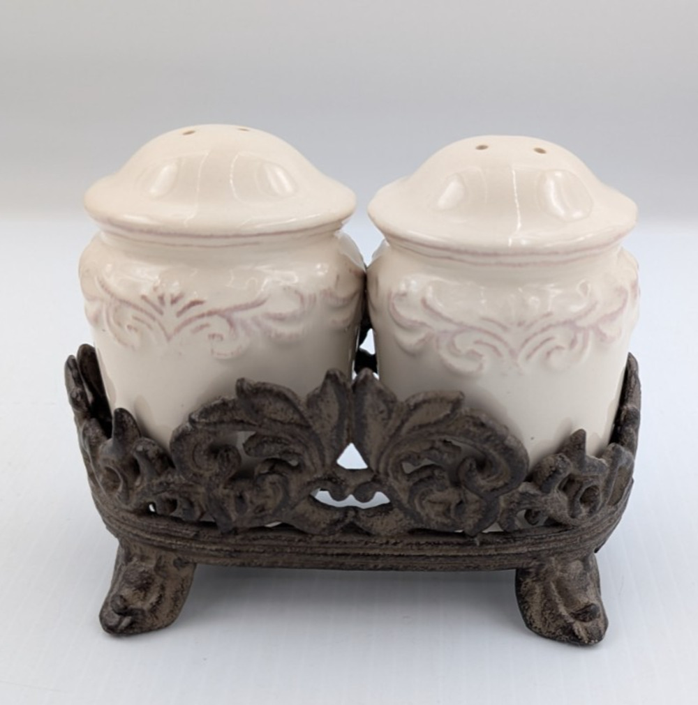 Chris Madden Corvella Ivory Salt Pepper Shaker Set Metal Stand Embossed Scrolls